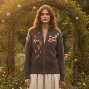 Vintage Tiara International Floral Embroidered Full Zip Sweater Ramie Cotton M